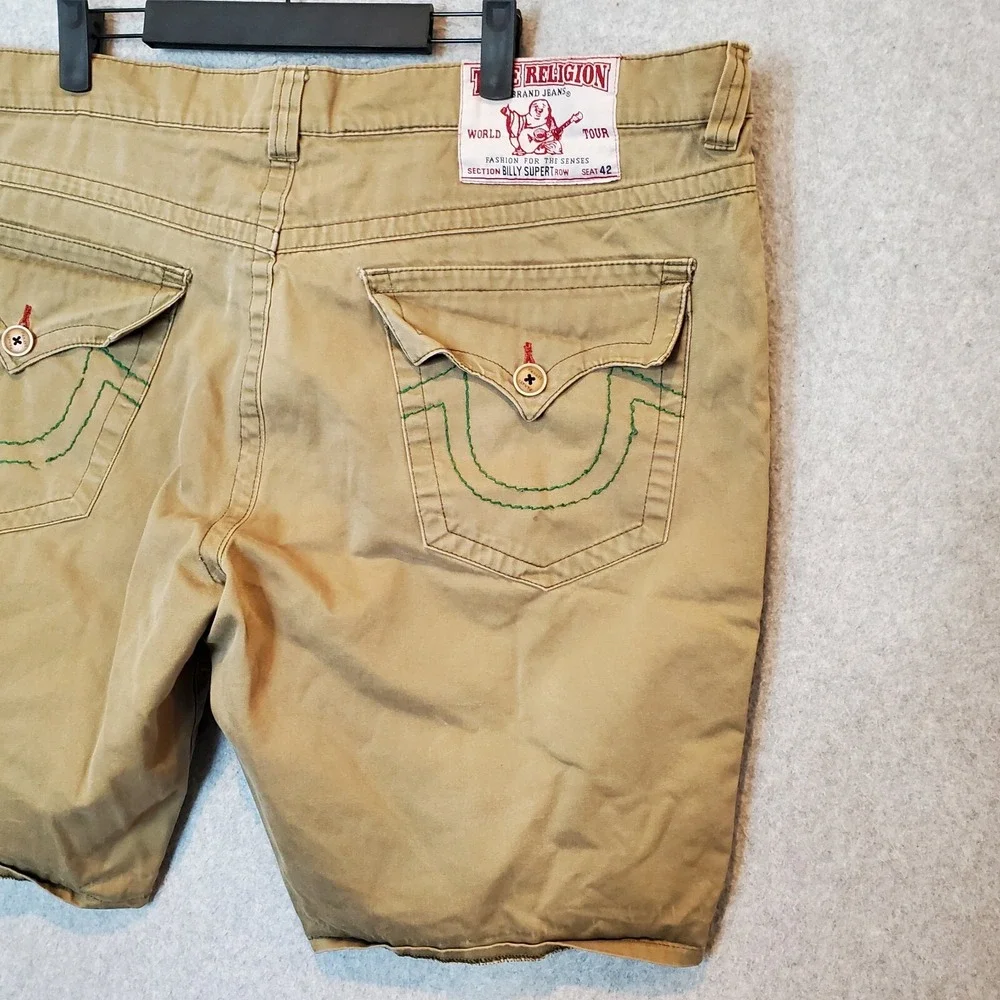 True Religion Billy Super T Shorts Size 42 Green Baggy Distressed Flap Pockets